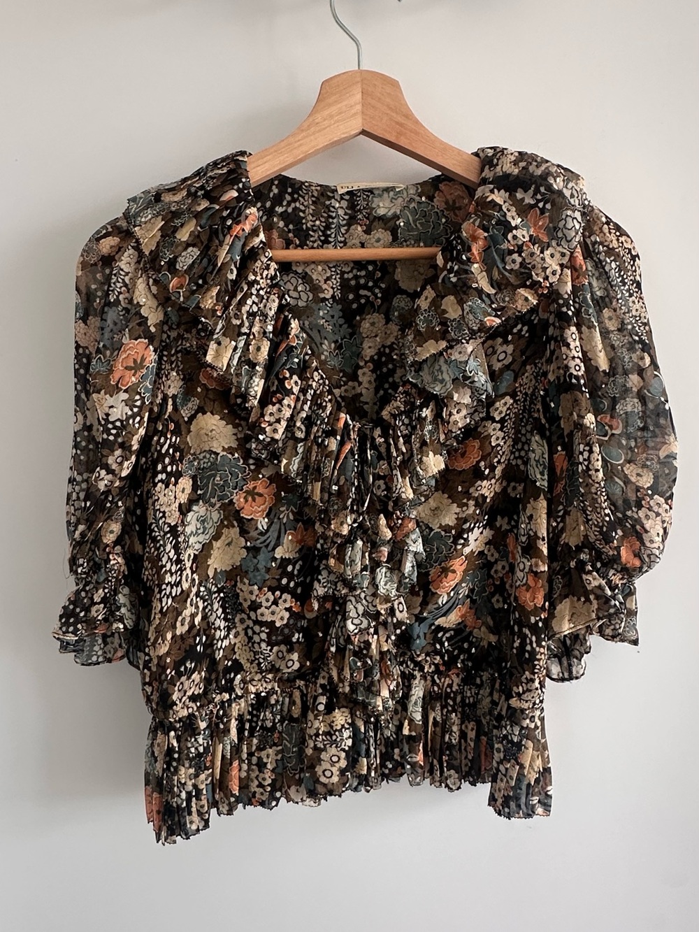 Ulla Johnson Floral Silk Lurex Ruffle Blouse Size
